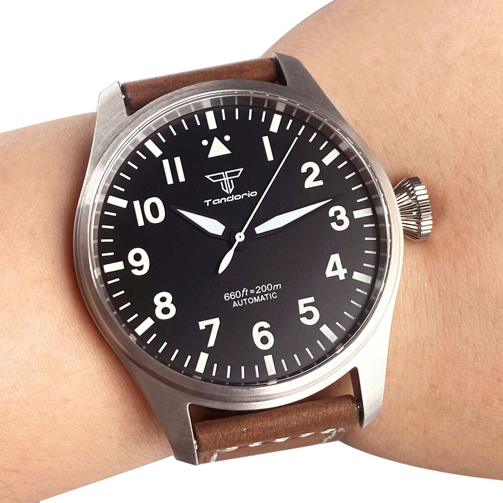 Tandorio 43mm Retro Pilot Sapphire Glass 20ATM NH35A PT5000 Men Mechanical Watch