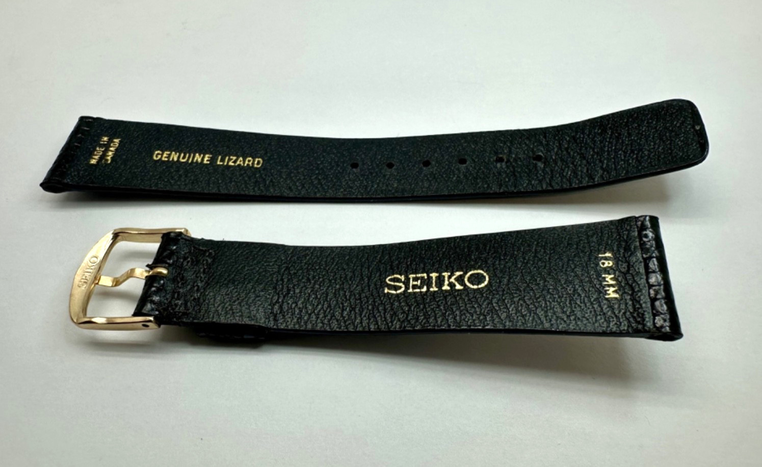 SEIKO Black Genuine Lizard Glossy 18 mm x 15 mm Watch Strap Signed Gold Buckle