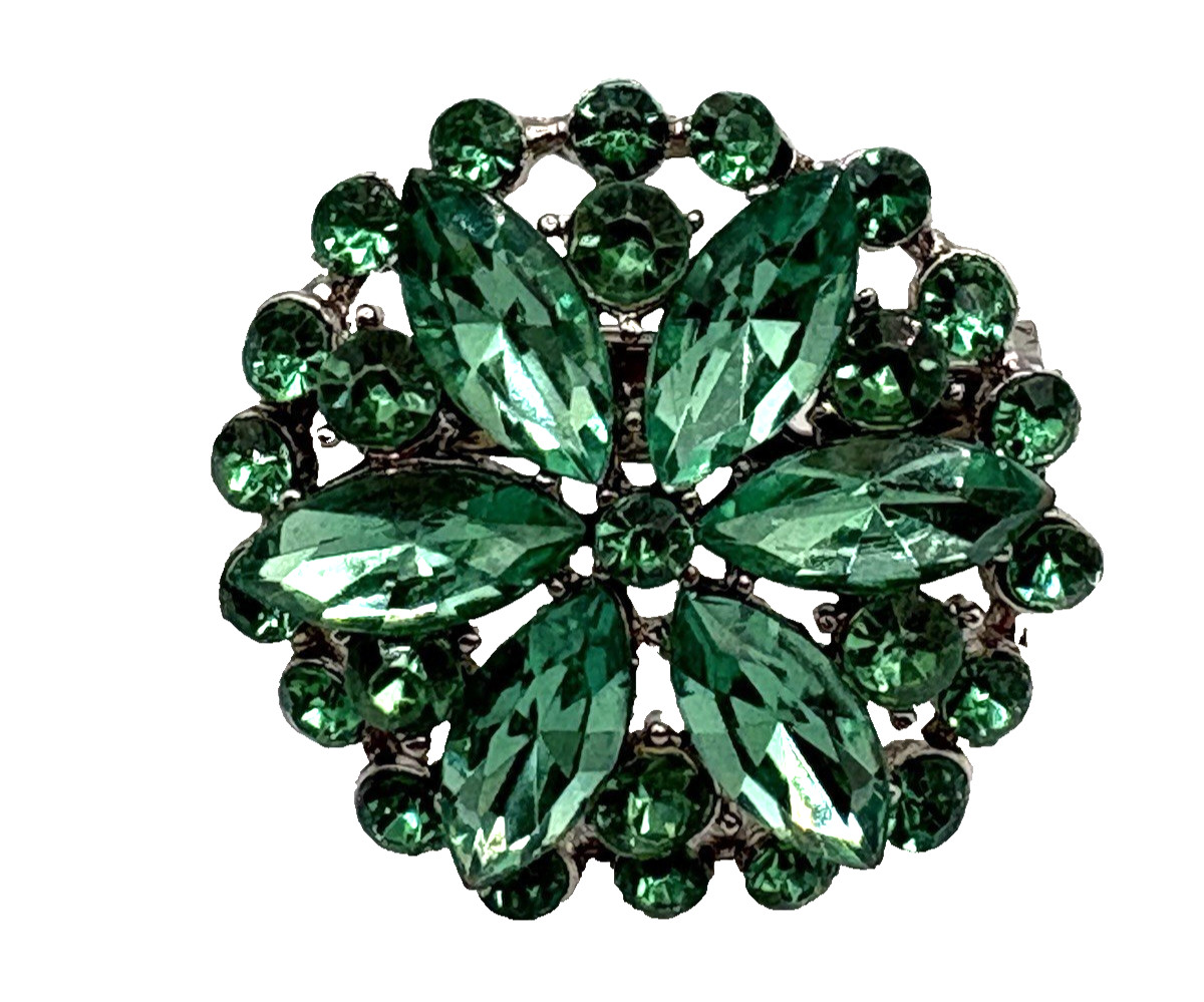 Gorgeous Green Floral Brooch Silver Tone Foil Back Navette Shaped Stones 1.5″