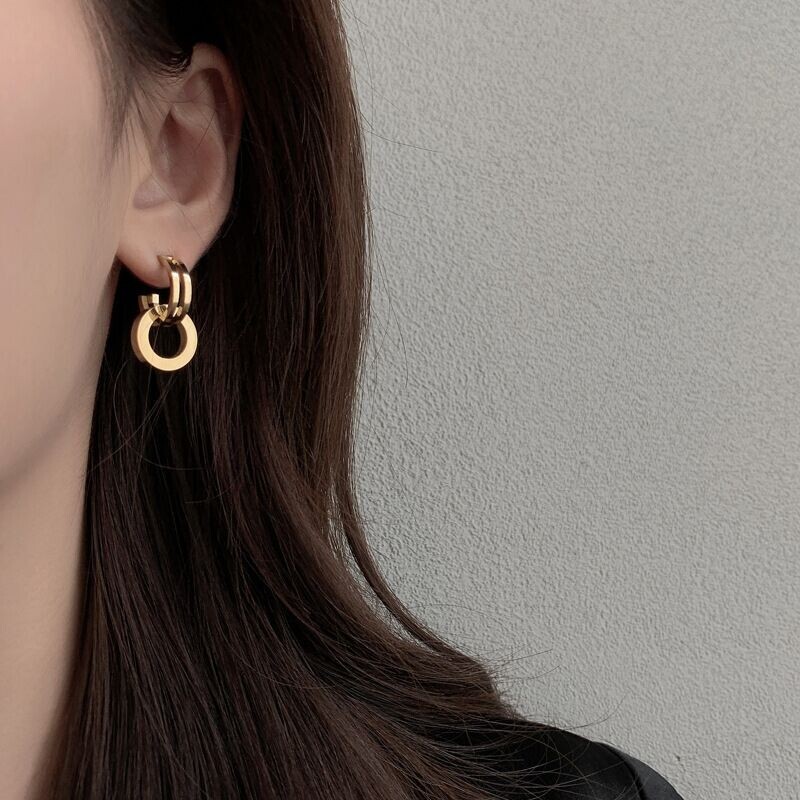 Woman 18K Gold Plated Round Hoop Huggie Earring Stud Stainless Steel