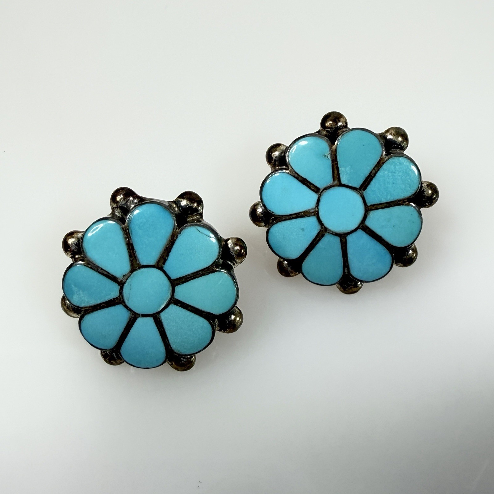 Vintage Frank Vacit Earrings Zuni Turquoise Inlay Sterling Silver Pierced READ