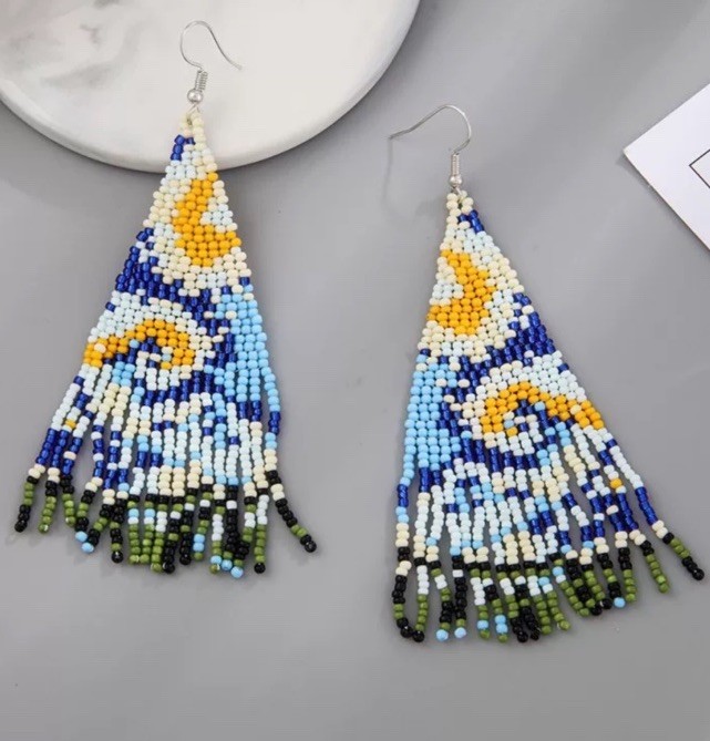 Women’s ethnic retro handmade Bohemian landscape starry sky Seed beads earrings