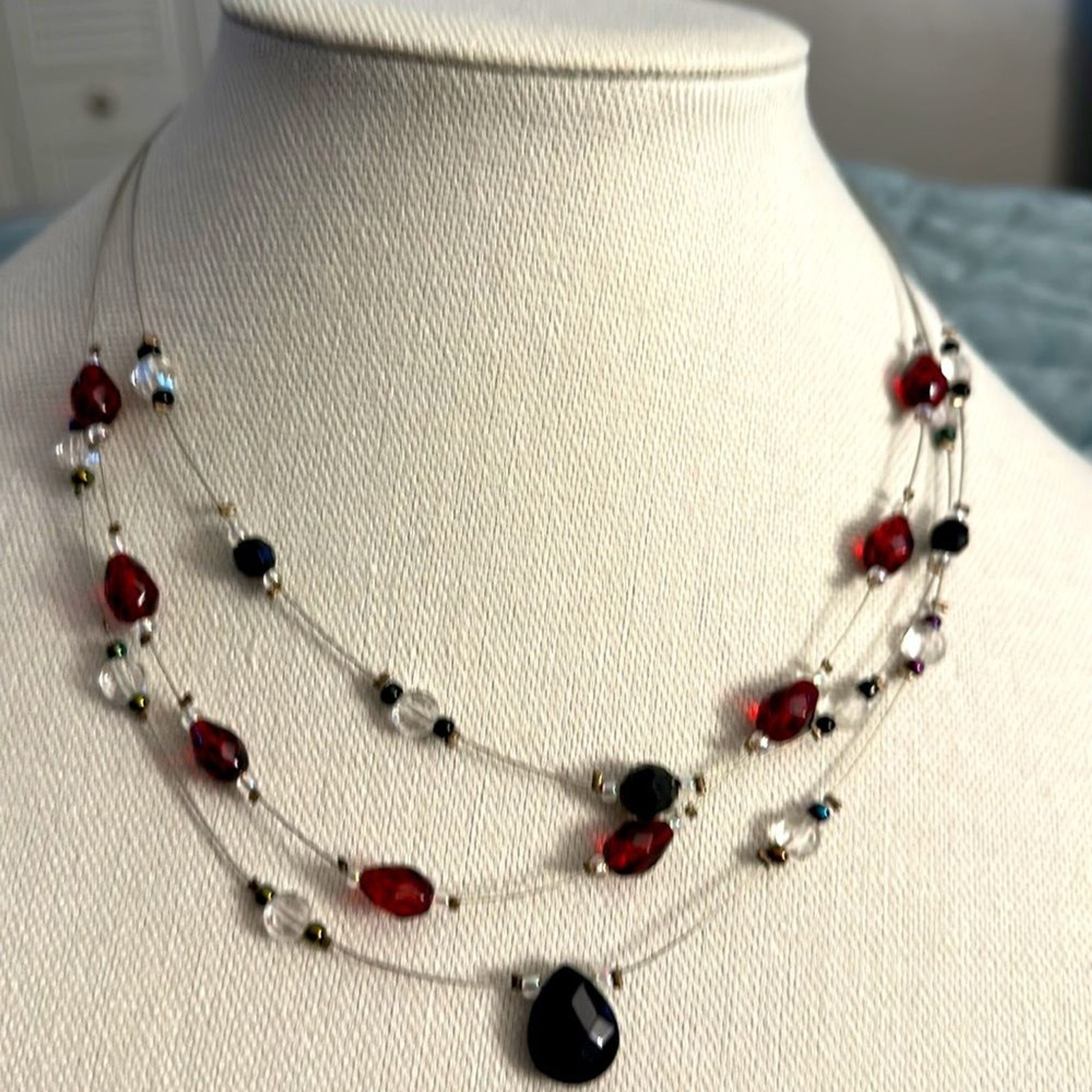 Women 19 inches long Necklace with black and burgundy and crystal clear stones