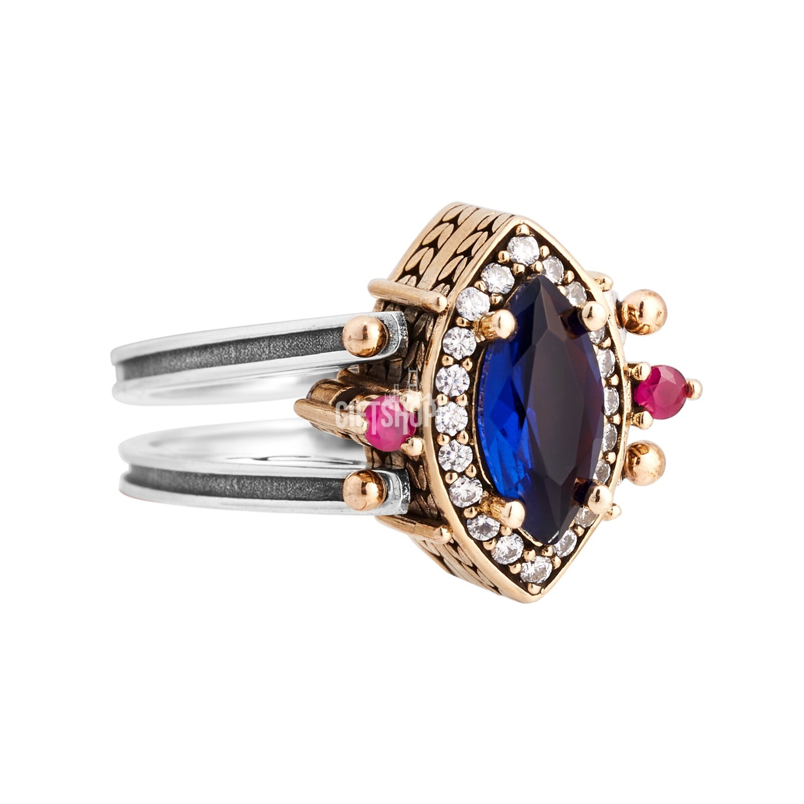 Turkish Reversible Marquise Sapphire Ruby Topaz 925 Sterling Silver Ring Size