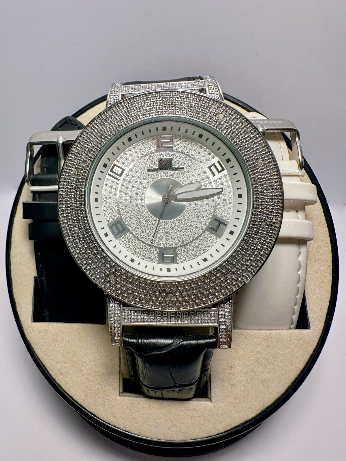 Super Techno M9023 Mens Silver Diamond Watch Iced Out Pave Dial Set
