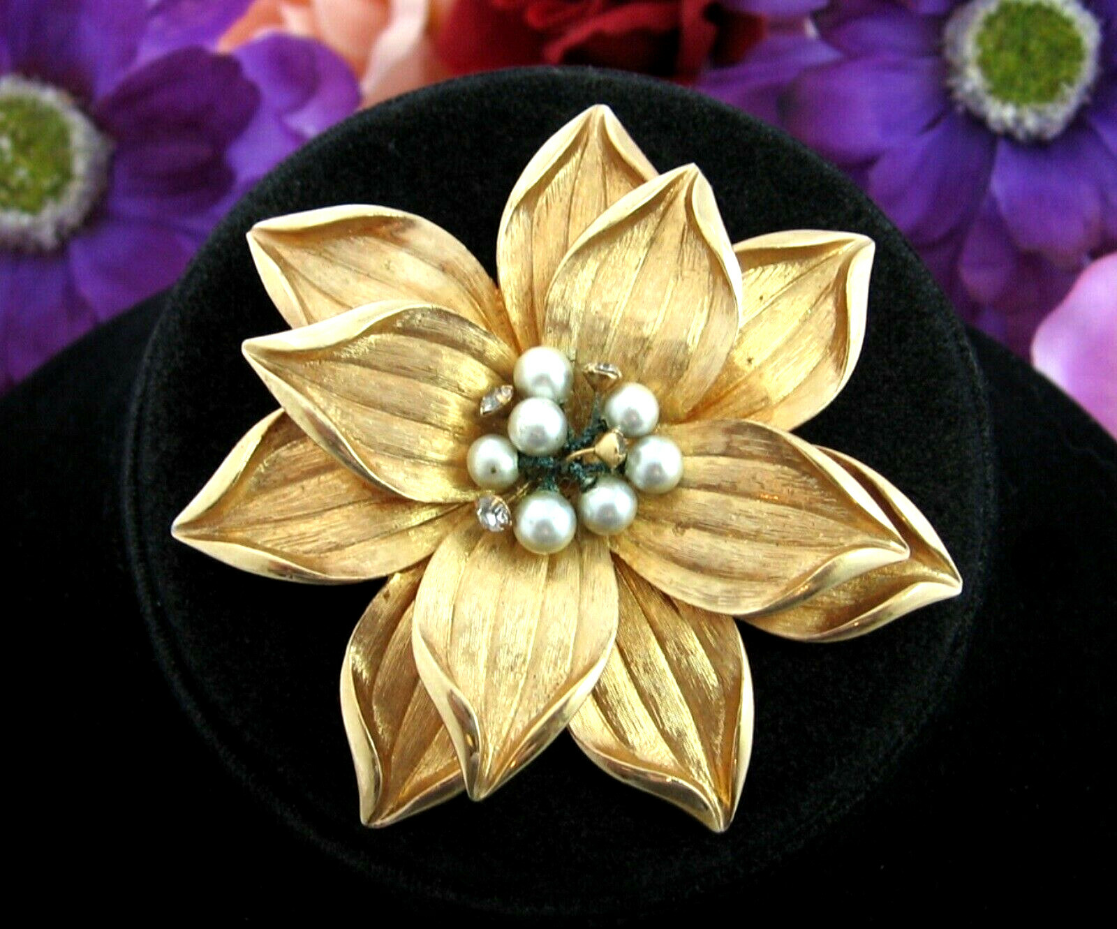 Rhinestones Faux Pearl BIG FLOWER BROOCH Vintage PIN Goldtone Shiny Floral Bloom