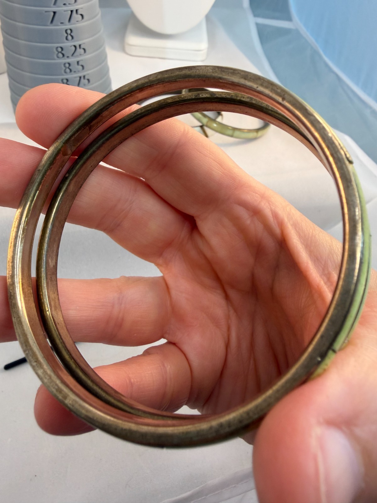 Vintage 1970s Brass Bangle Stack Mother of Pearl Dyed Bovine Inlay Boho Green