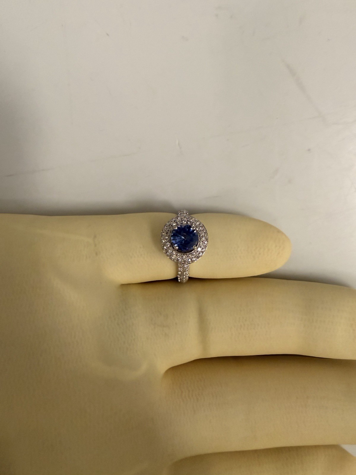 Neil Lane Sapphire and CZ 14k White Gold Ring. Halo Design, Size 5
