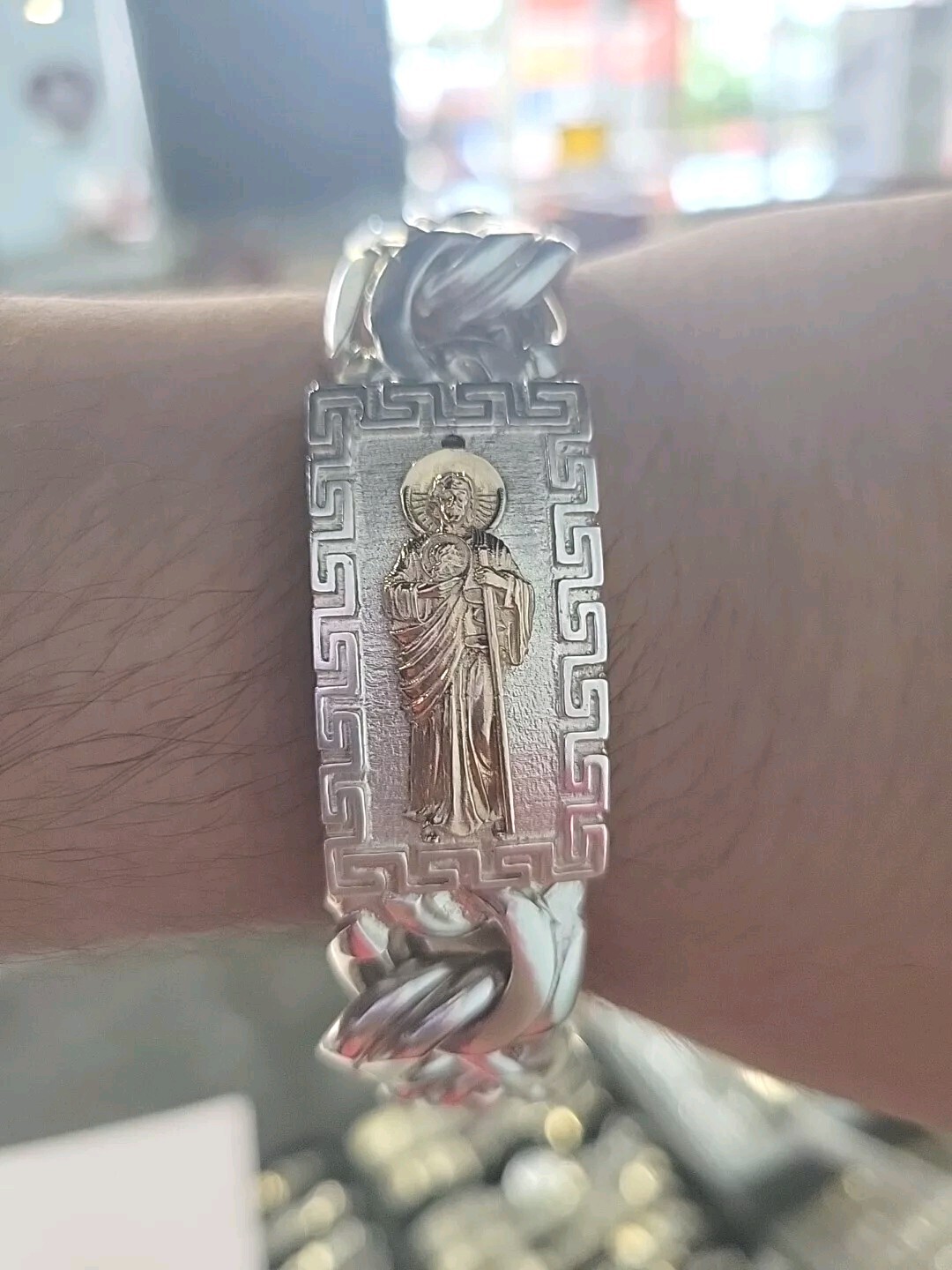 925 Sterling Silver Bracelet Chino Link San Jude 10Inch 20MM 3D W/ Versace Lock