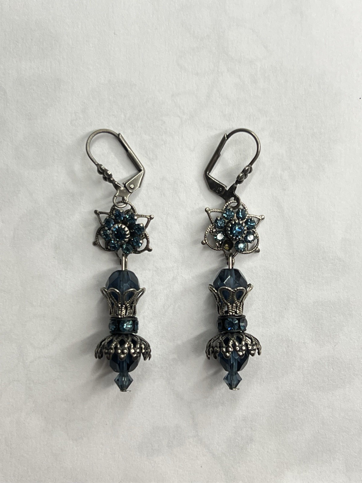 Blue Crystal Flower Dangle Drop Leverback Earrings Silver Tone Metal