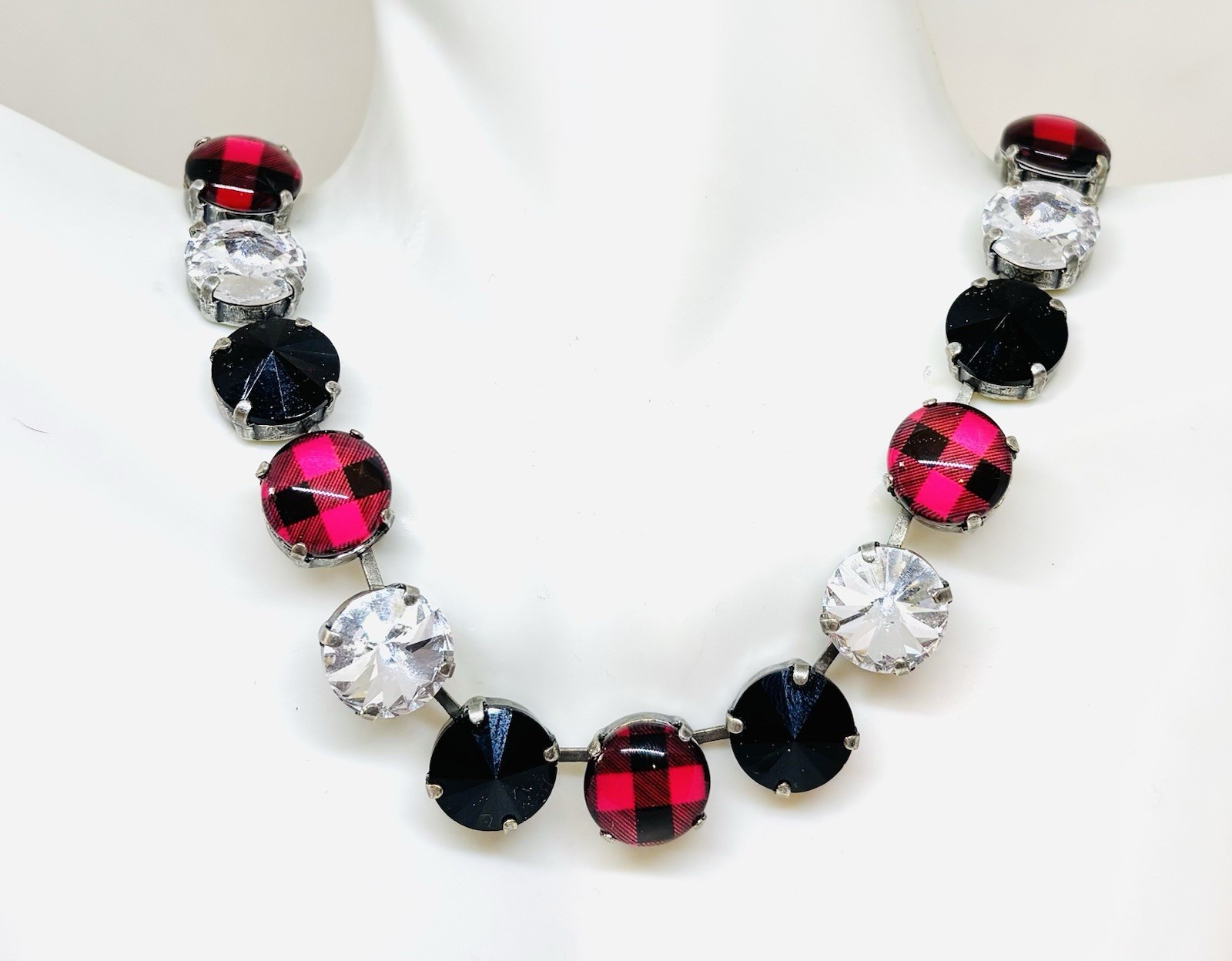 Red Plaid Cup Chain Statement Necklace made with Jet Black Austrian Crystals