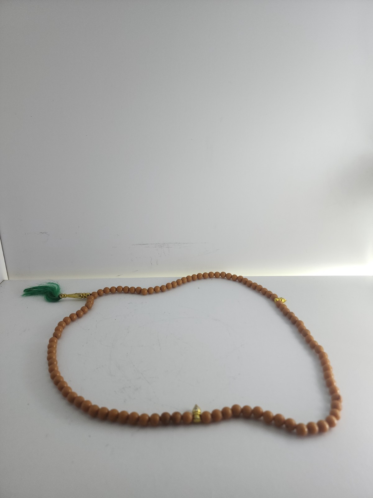 Brown Beige Beads Necklace Meditation Souvenir Green Tassel Gold Tone Charm