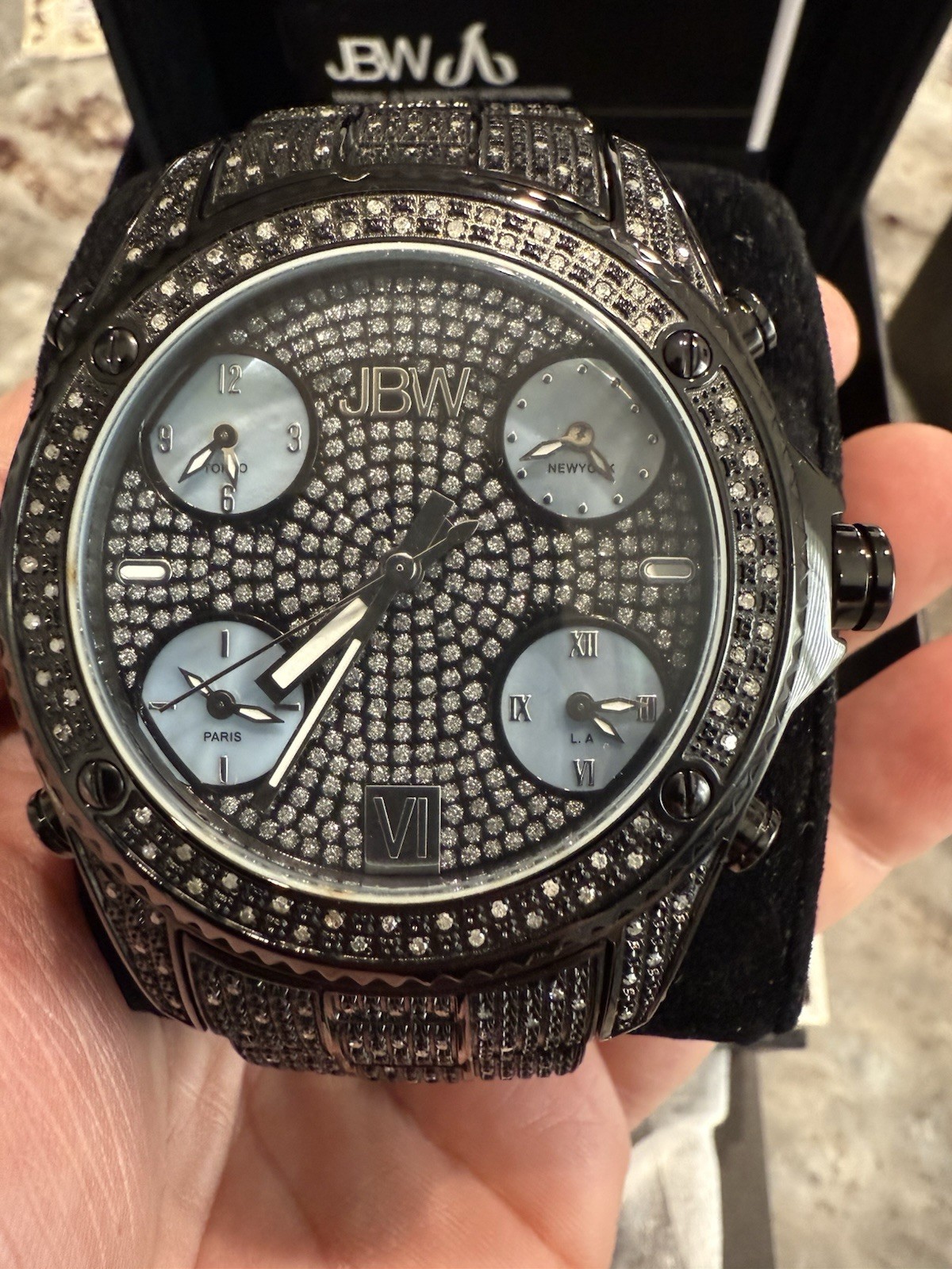 JBW Jet Setter 234 Diamond & Crystal 50mm Watch Black Multiple Time-Zone