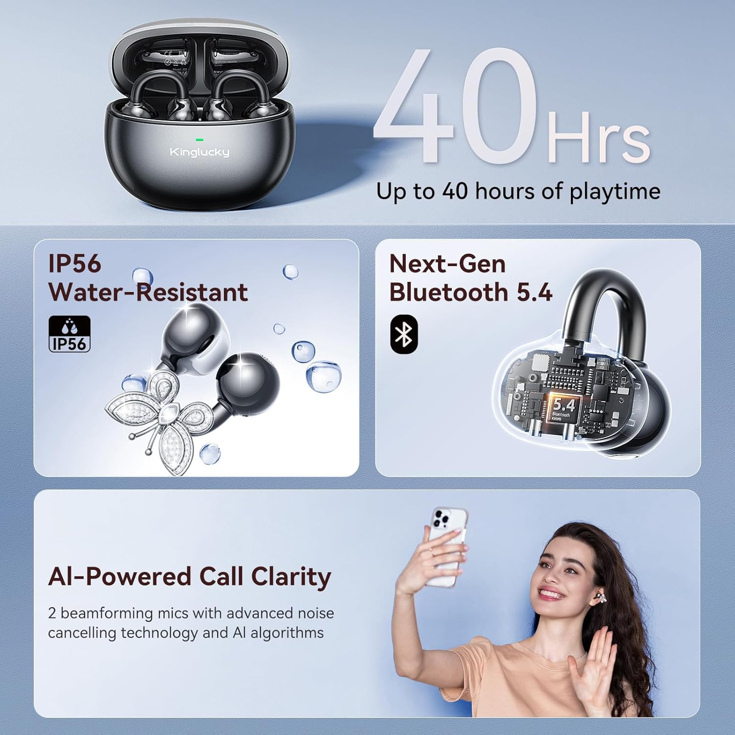 Jewelry-Inspired Clip-On Earbuds with Butterfly Earrings, Comfortable Fit & 50H