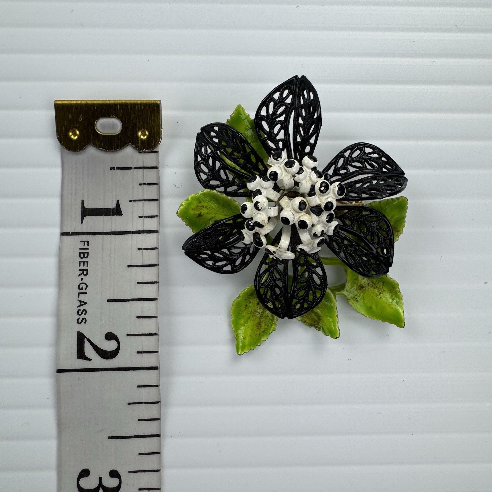 Vintage Enamel Flower Brooch Black White Green Filigree Leaf Statement Pin