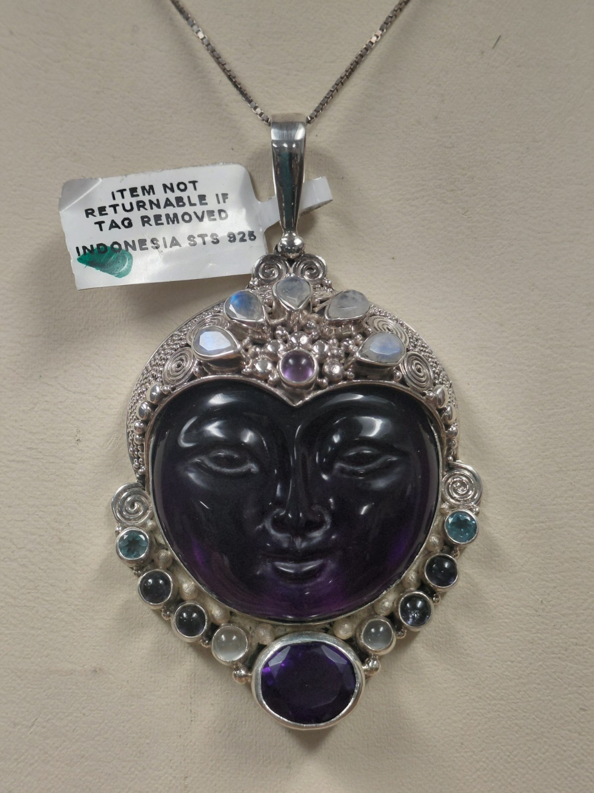 Sajen Sterling Silver Amethyst Carved Godess Face Pendant 2 1/4″ Long New NWT