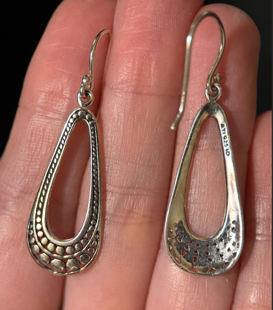 925 Sterling Silver Dangle Teardrop Earrings Textured Design 3.29g Pair