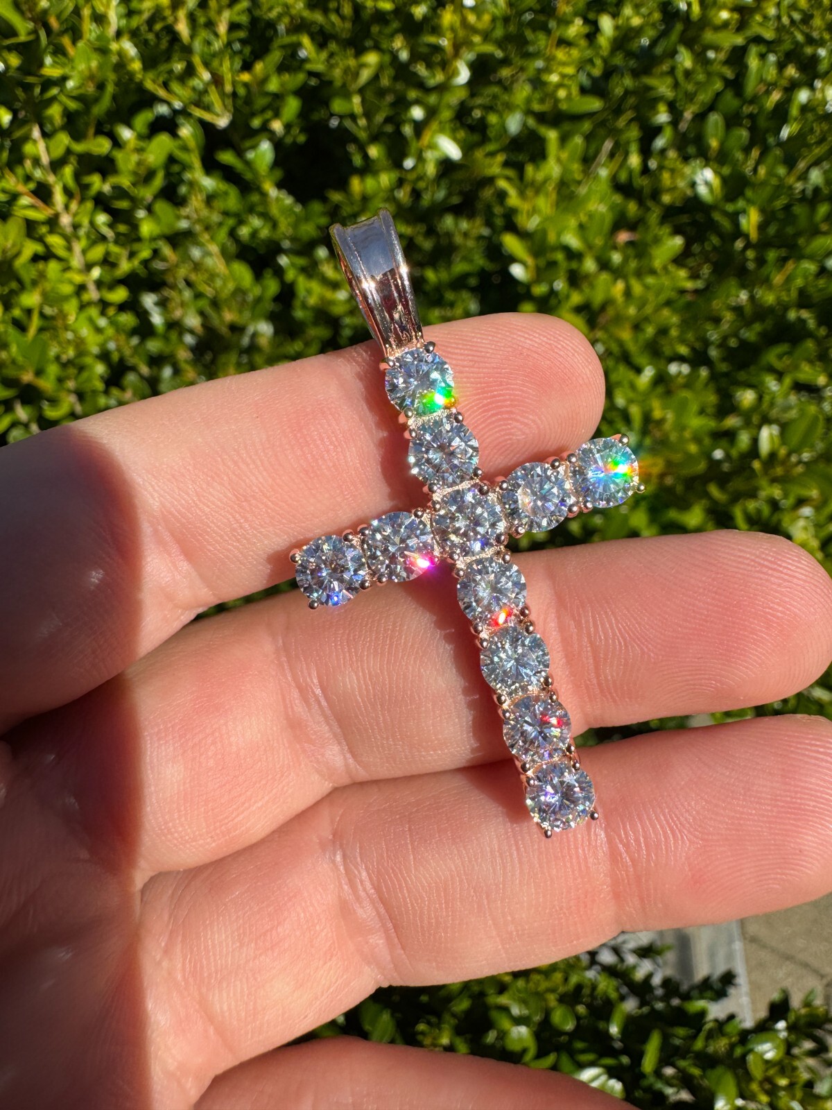 MOISSANITE 14k Rose Gold Cross & Real 925 Silver Iced Pendant Necklace Hip Hop