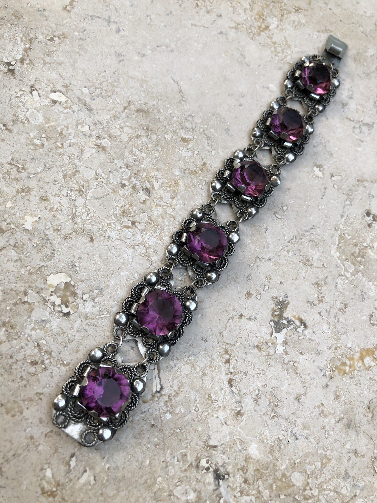 🌟🍇Vintage MEXICO STERLING SILVER Purple Color Stones STATEMENT PANEL Bracelet
