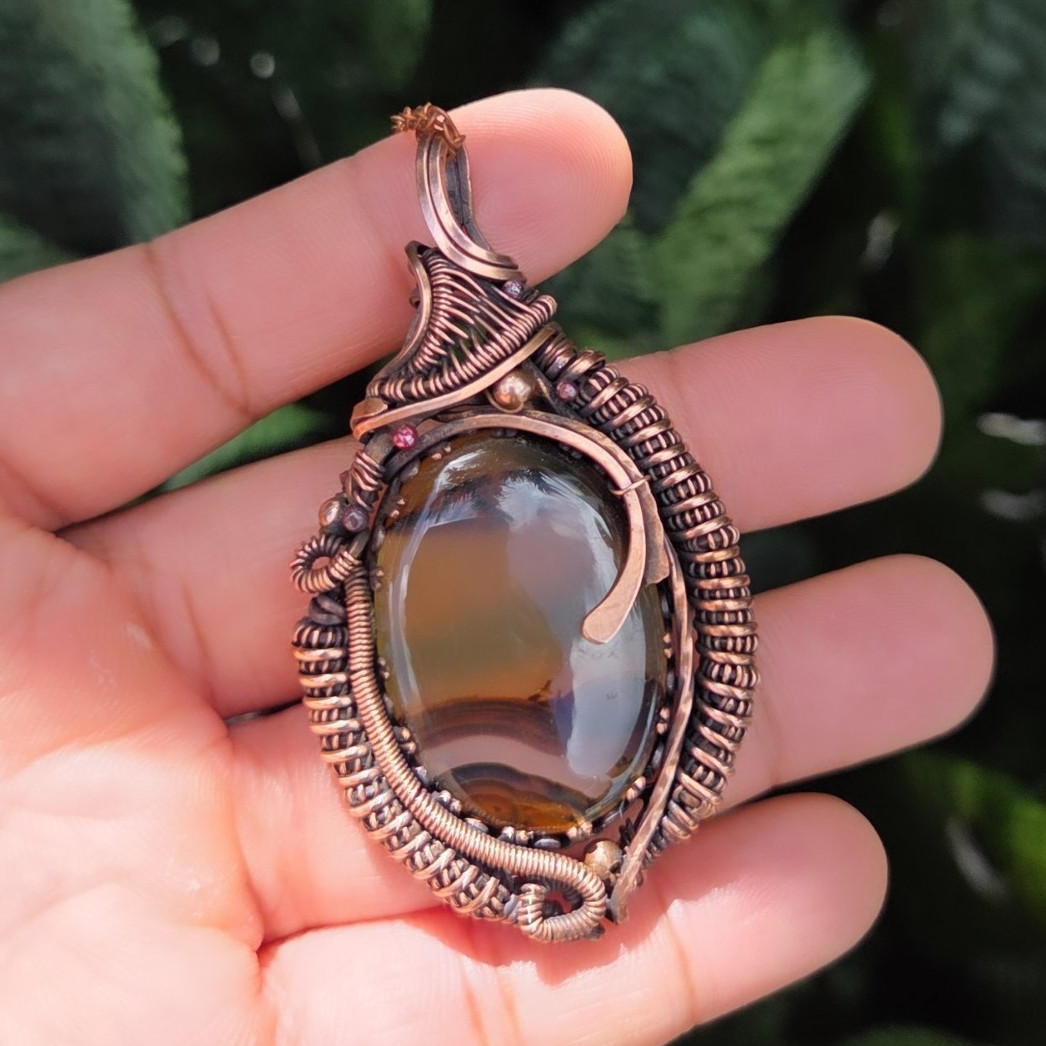 Handcrafted Copper Natural Natural montana Agate Wire Wrapped Pendant