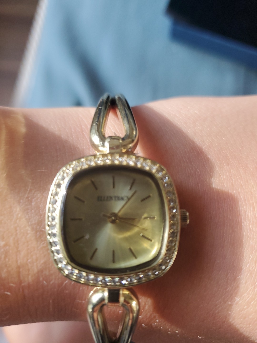 Ellen Tracy Watch Women 24mm Crystal Gold Tone Square HInged Bracelet 6.75″