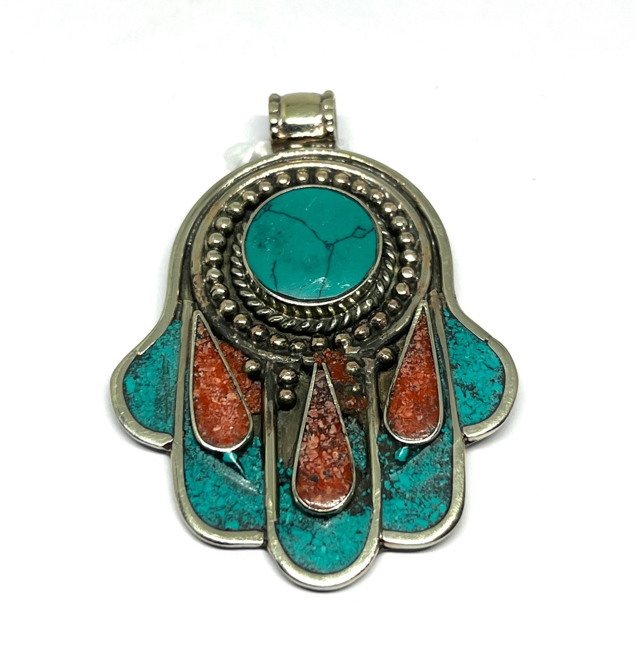 Tibetan Turquoise Coral Gemstone Buddhist Prayer Pendant Jewelry, 2.5 inch