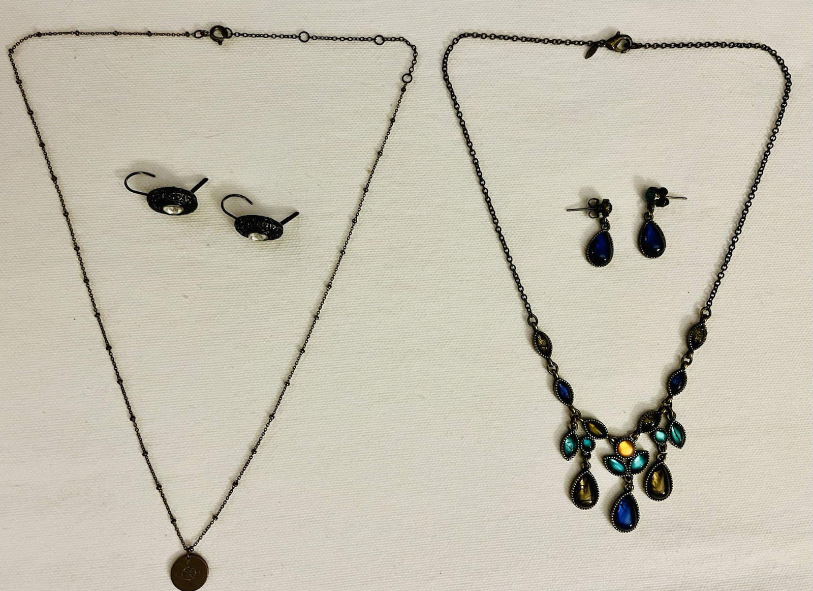 Lot 4 Pieces of Bronze Tone Jewelry Multicolor Cab Stones Necklaces & Earrings