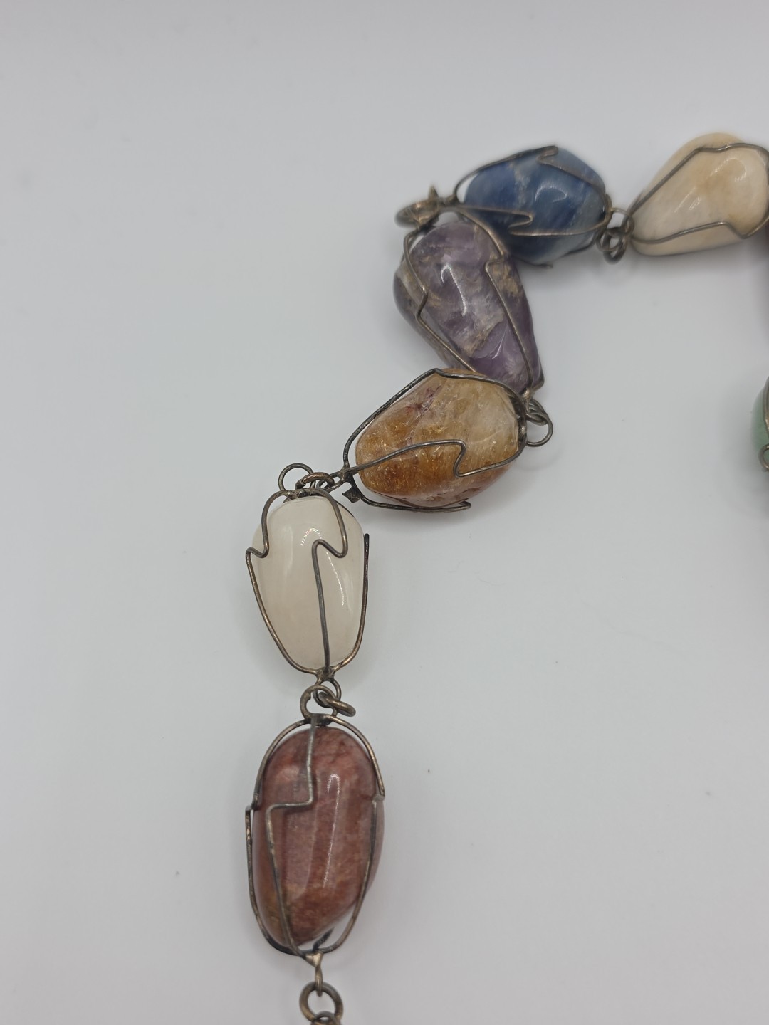 Vintage Sterling Silver 925 Tumbled Stones Wire Cage Necklace 20″ 114g