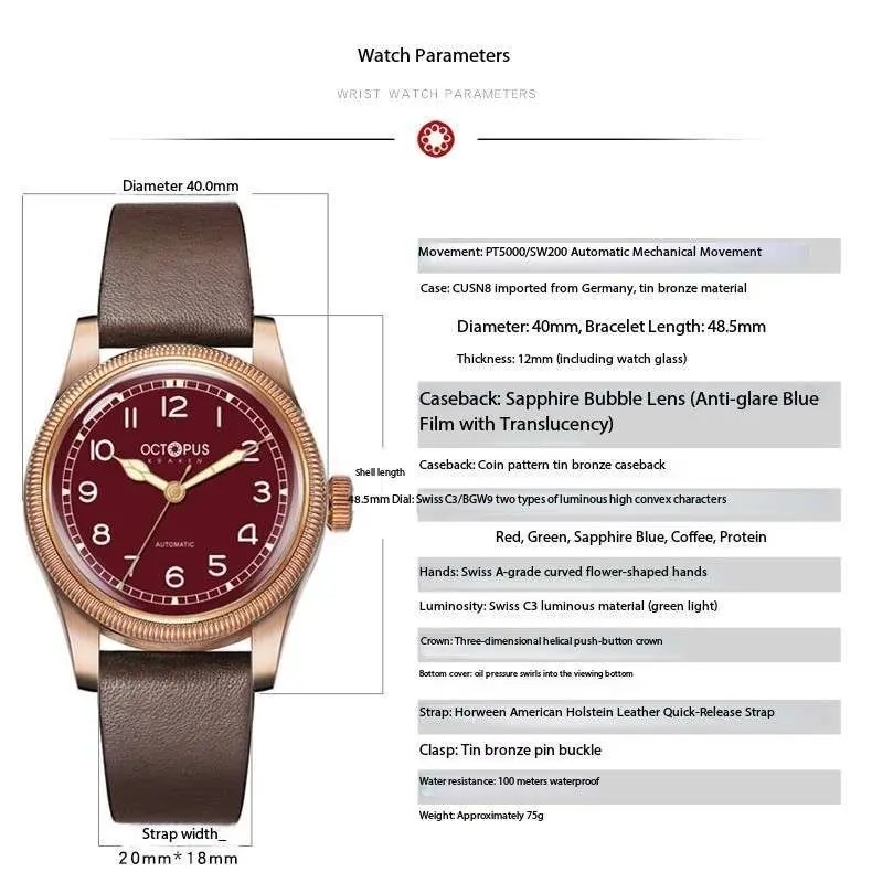 OCTOPUS KRAKEN Bronze CUSN8 PT5000 SW200 Automatic 100M Dress Watch BGW9 C3 40mm
