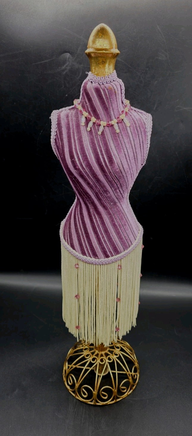 Vntg Flapper Style Table Top Bust Form Purple Velvet Fringe Mannequin 18¼”