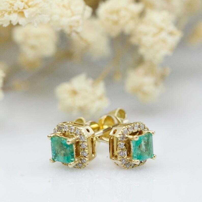 1.20Ct Princes Lab Grown Emerald & Diamond Halo Earrings Solid 14k Yellow Gold