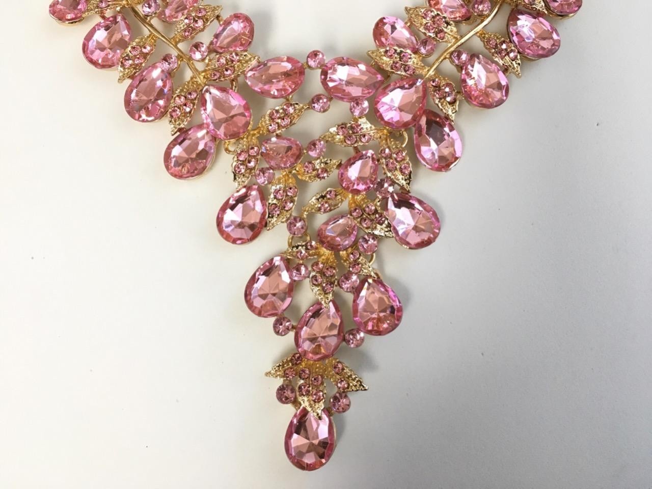 Waterfall Necklace Set Pink crystal Rhinestone Bib cluster Statement Earrings vt