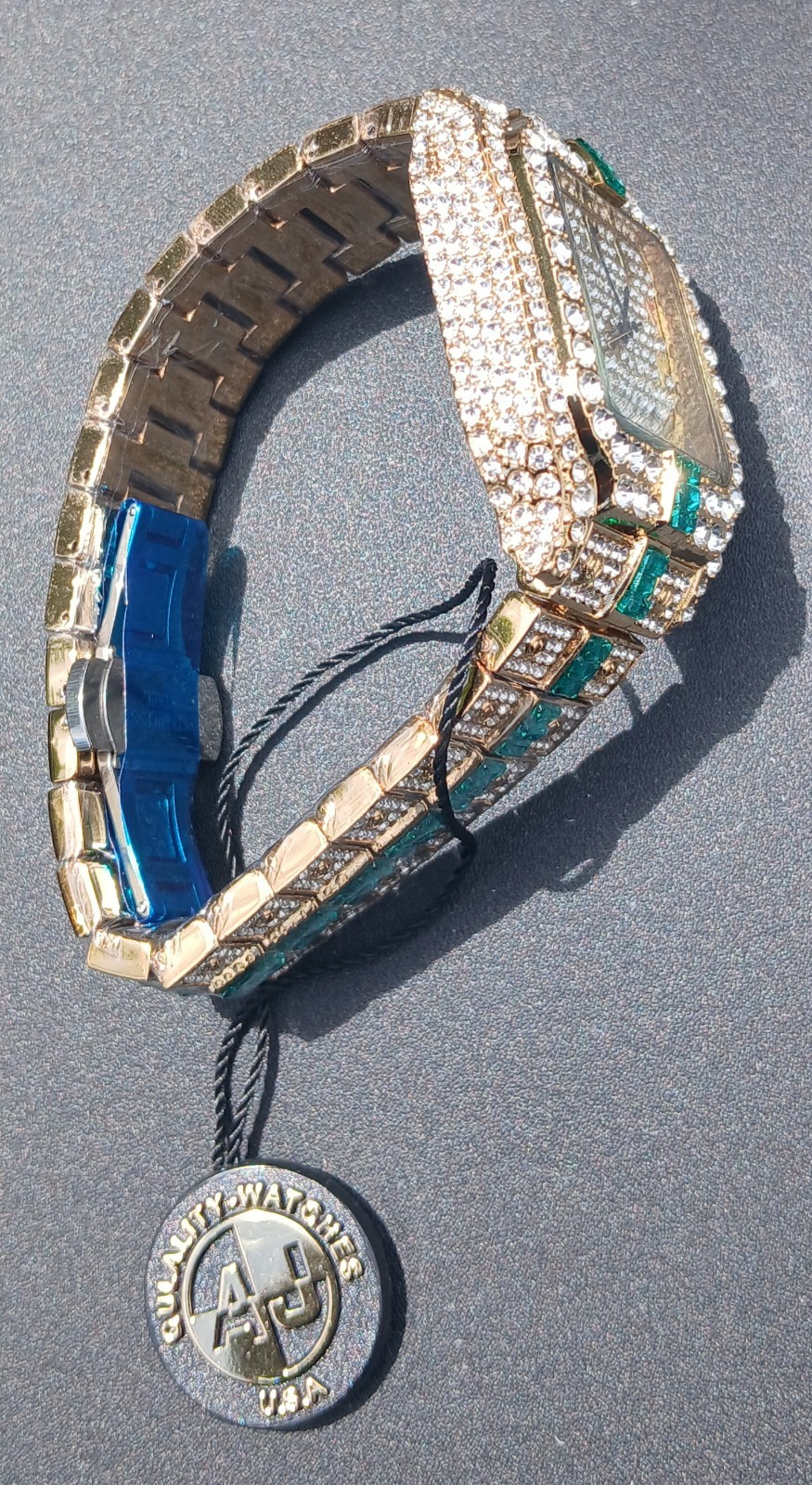 AJ ACCESSORIES 43MM ICED OUT GOLD WATCH WITH GREEN VVSCZ CRYSTALS ARABIC NUMBERS
