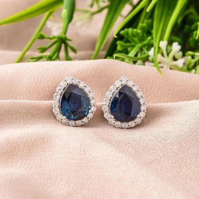 2Ct Pear Cut Lab Created Blue Sapphire Stud Earrings 14K White Gold Plated