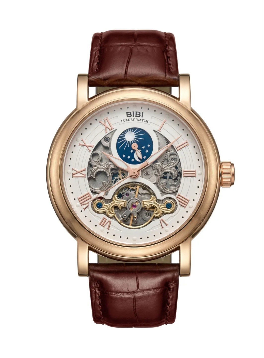​BiBi Automatic Watch Skeleton Mechanical Rose Gold Case Brown Leather Moonphase