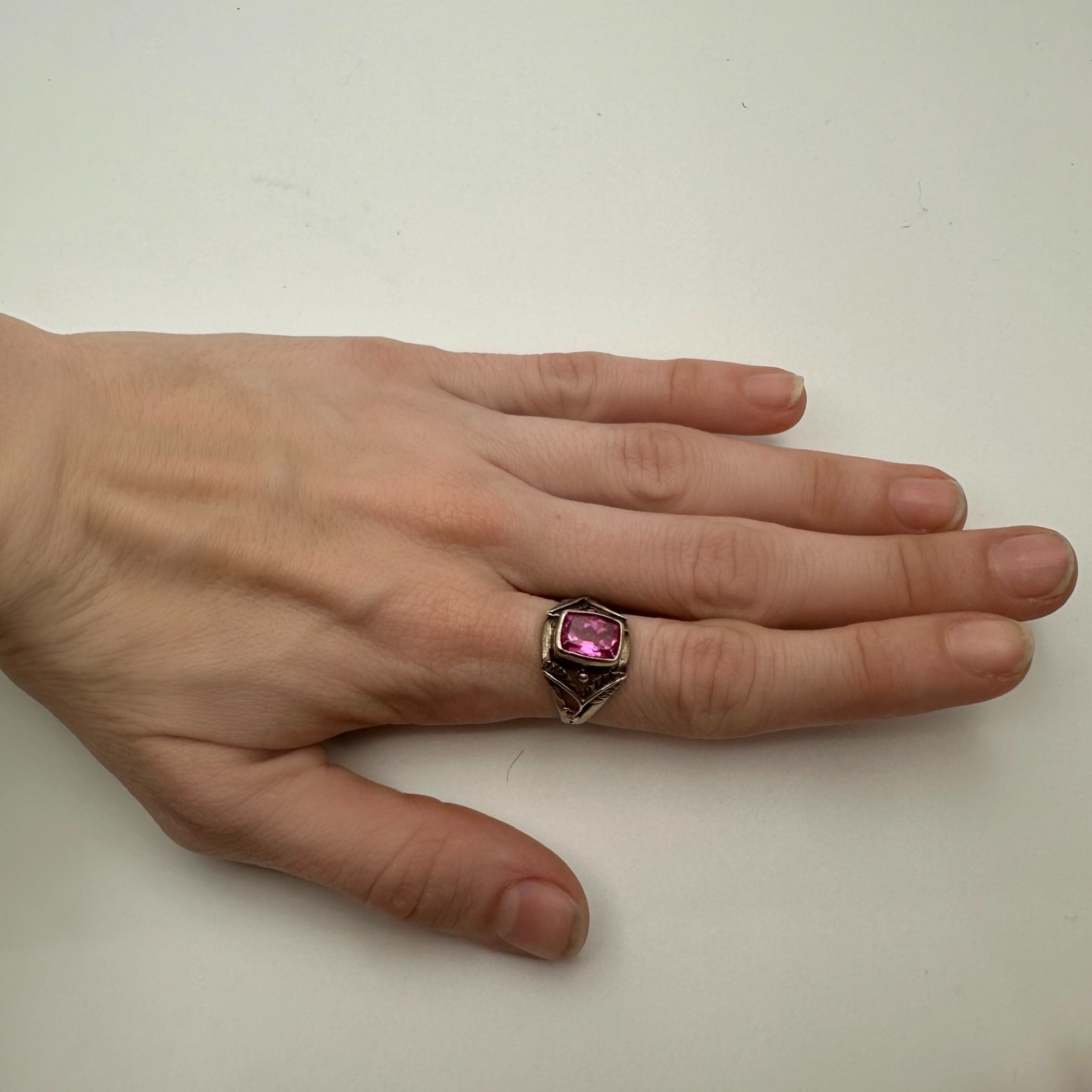 VTG 925 Sterling Silver Ring Flame Fusion Pink Ruby SZ 8 Floral GLOWS