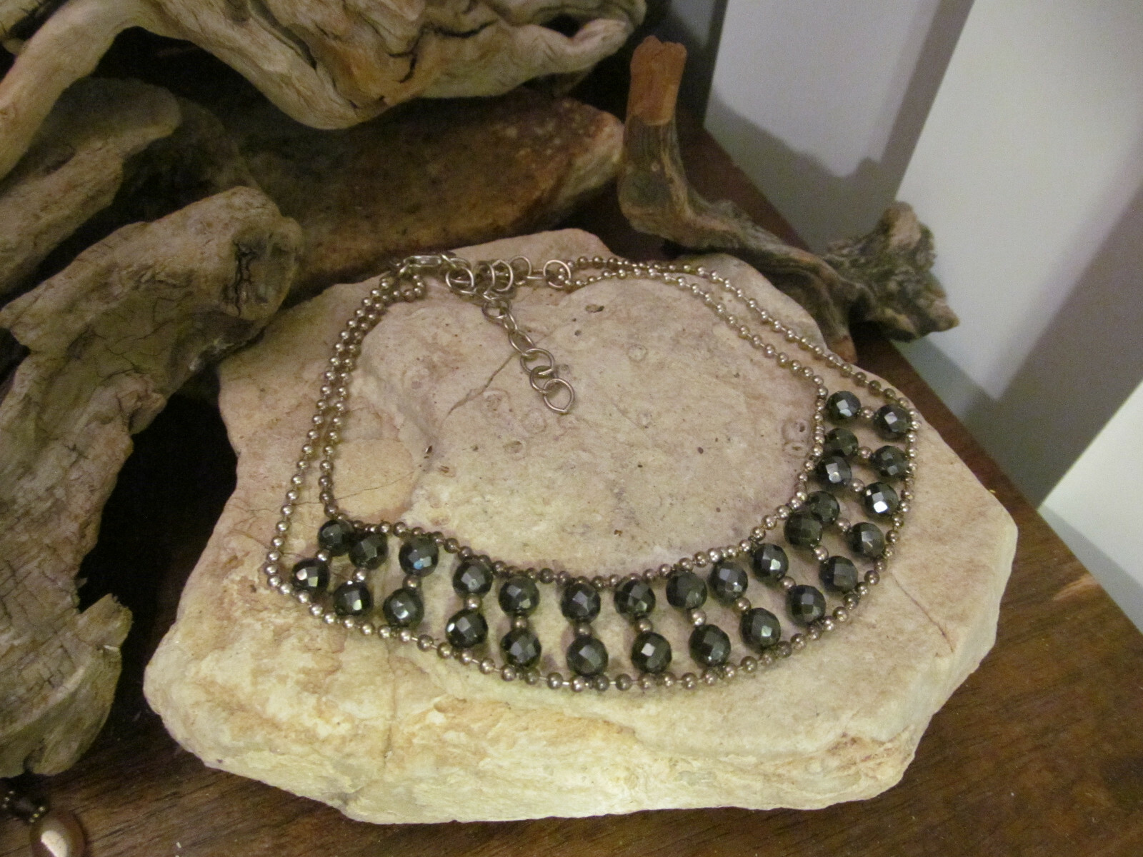 Vintage MS Co.Sterling Silver 925 Black Faceted beads Beaded Choker Necklace 33g