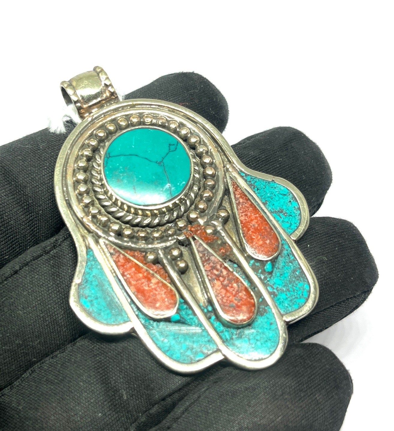 Tibetan Turquoise Coral Gemstone Buddhist Prayer Pendant Jewelry, 2.5 inch