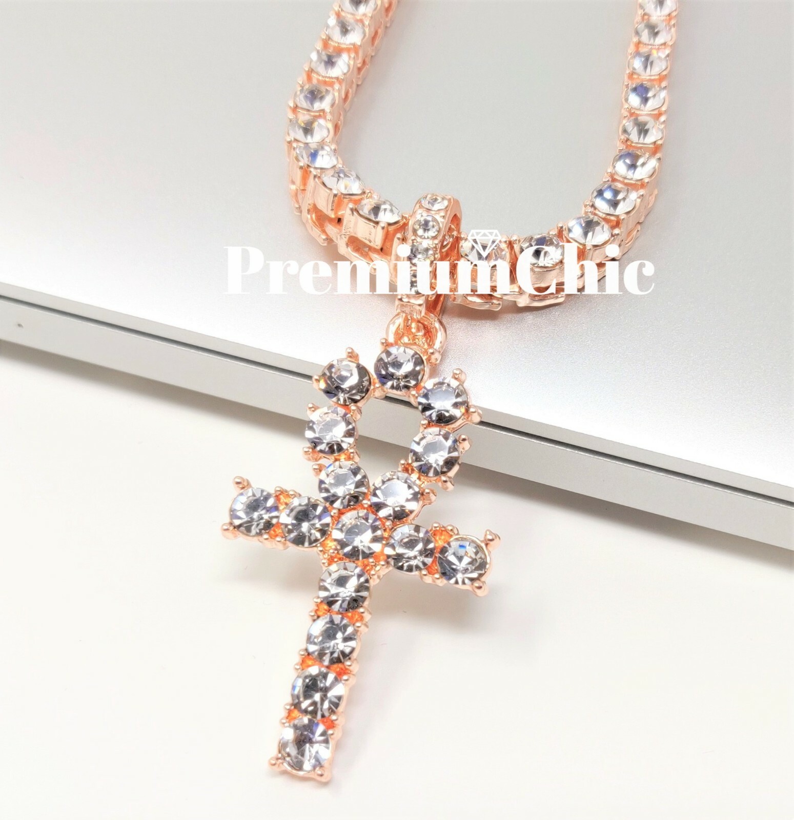 ANKH Cross Pendant ICED Tennis Chain Gold Plated Silver Rose Hip Hop CZ Necklace