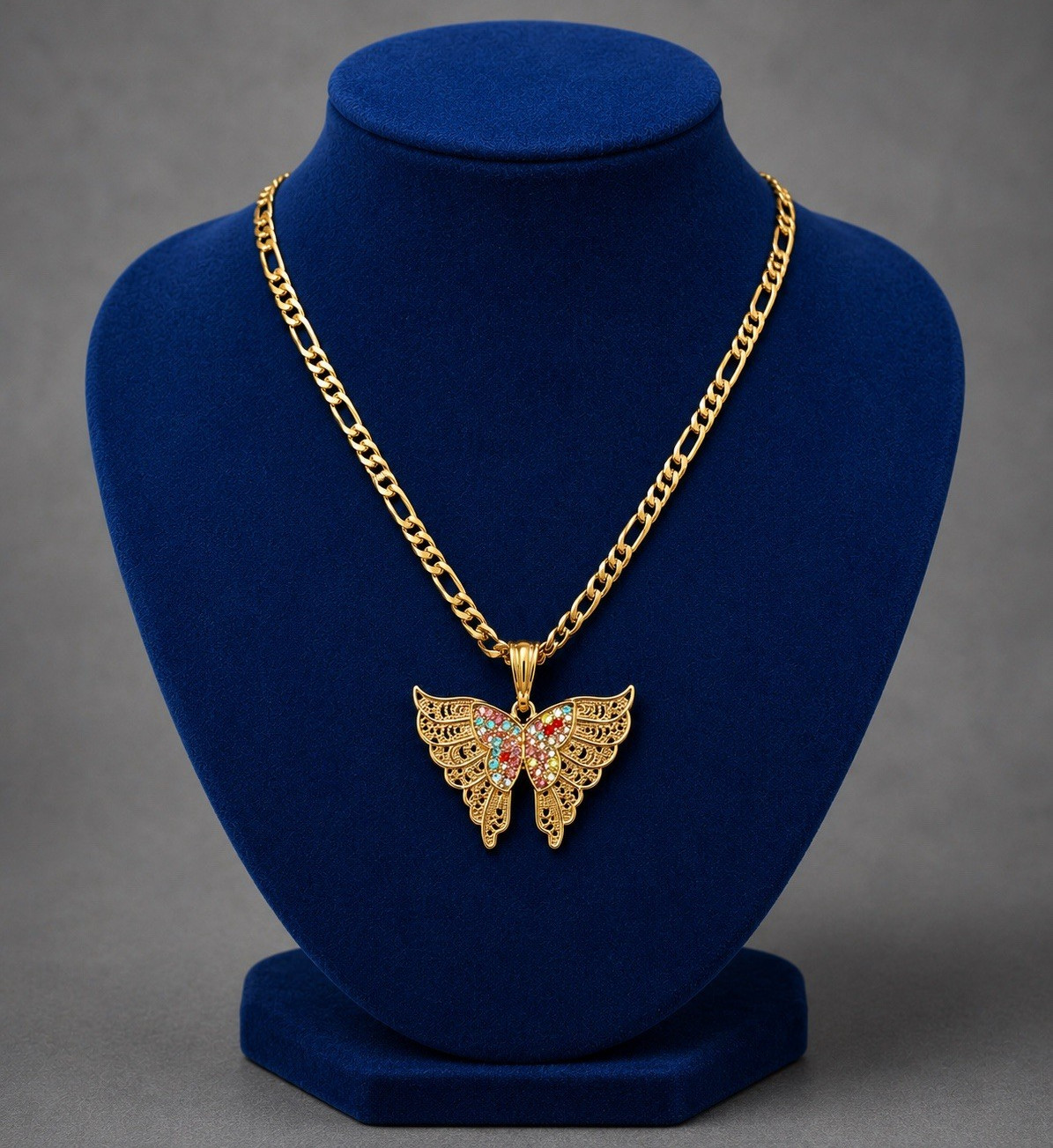 Gold-plated none tarnishCurb Chain Butterfly Multicolor Simulated Crystal Char
