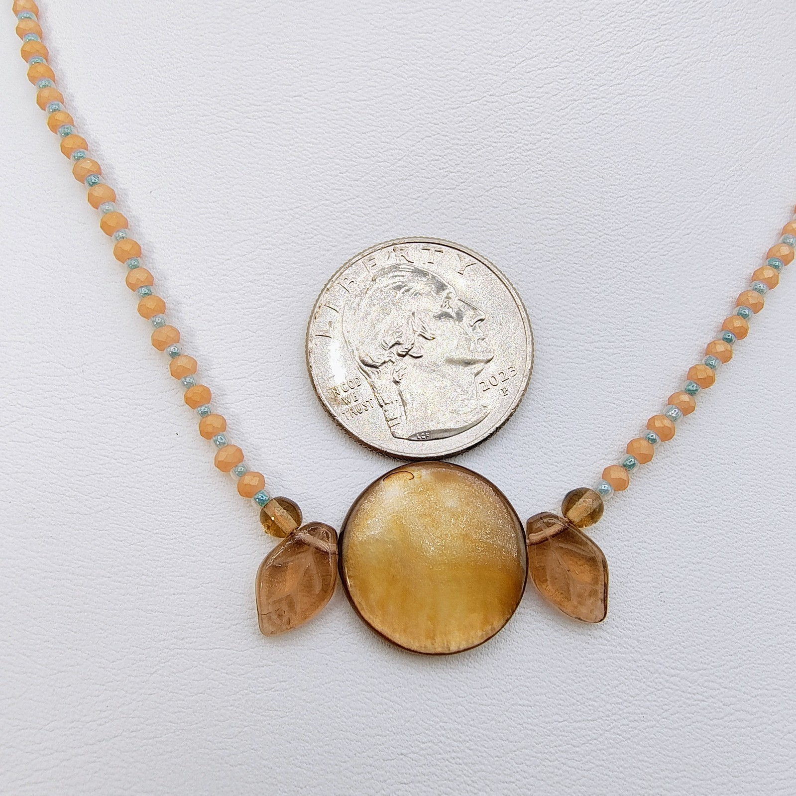 Vintage Artisan Art Glass Leaves & Disc Peach Beaded Necklace Romantic Boho