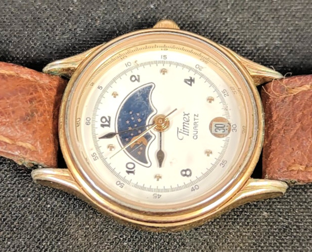 Timex 364 T Cell Moon Phase Quartz Wristwatch Gold Tone Brown Leather Band