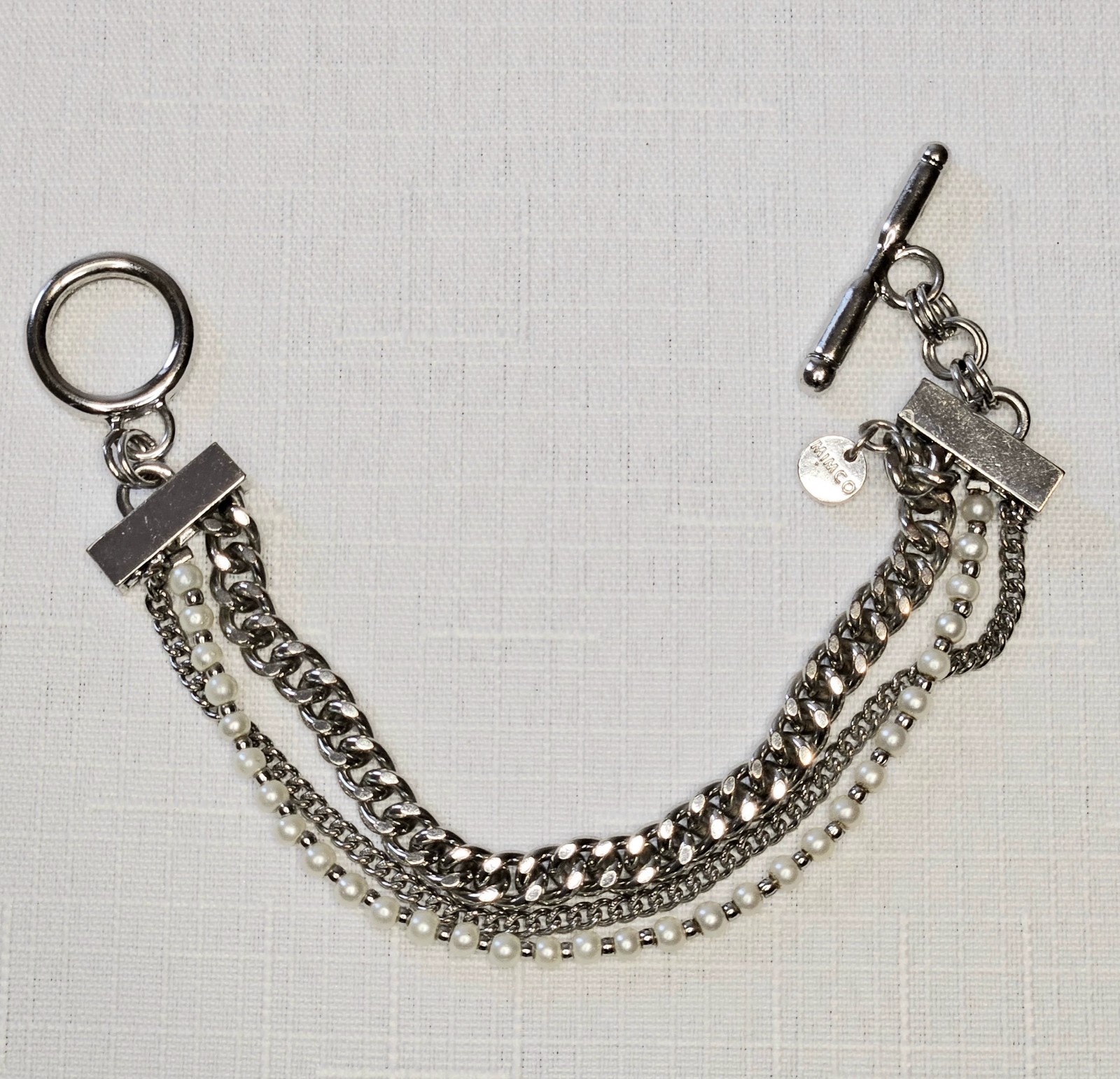 Mimco Signed Silver-Tone Multi-Strand Curb Link Faux Pearl Toggle Bracelet