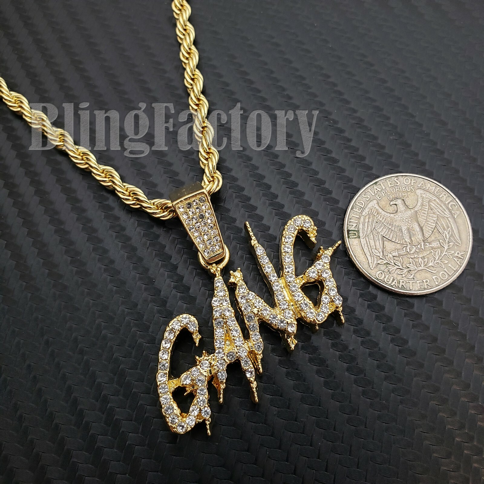 Iced Gold Plated Alloy Cubic Zirconia GANG DRIP Pendant 24″ Rope Chain Necklace