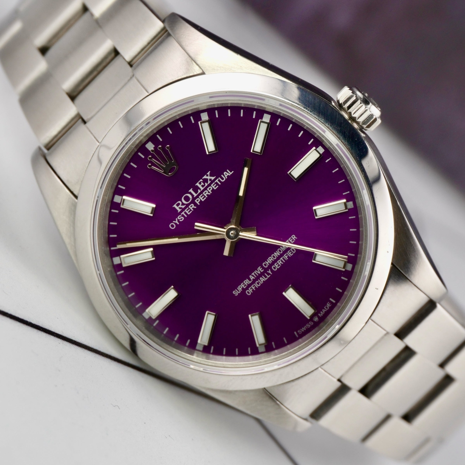 Rolex 34mm Oyster Perpetual Stainless Steel Oyster Purple Dial Watch 14000