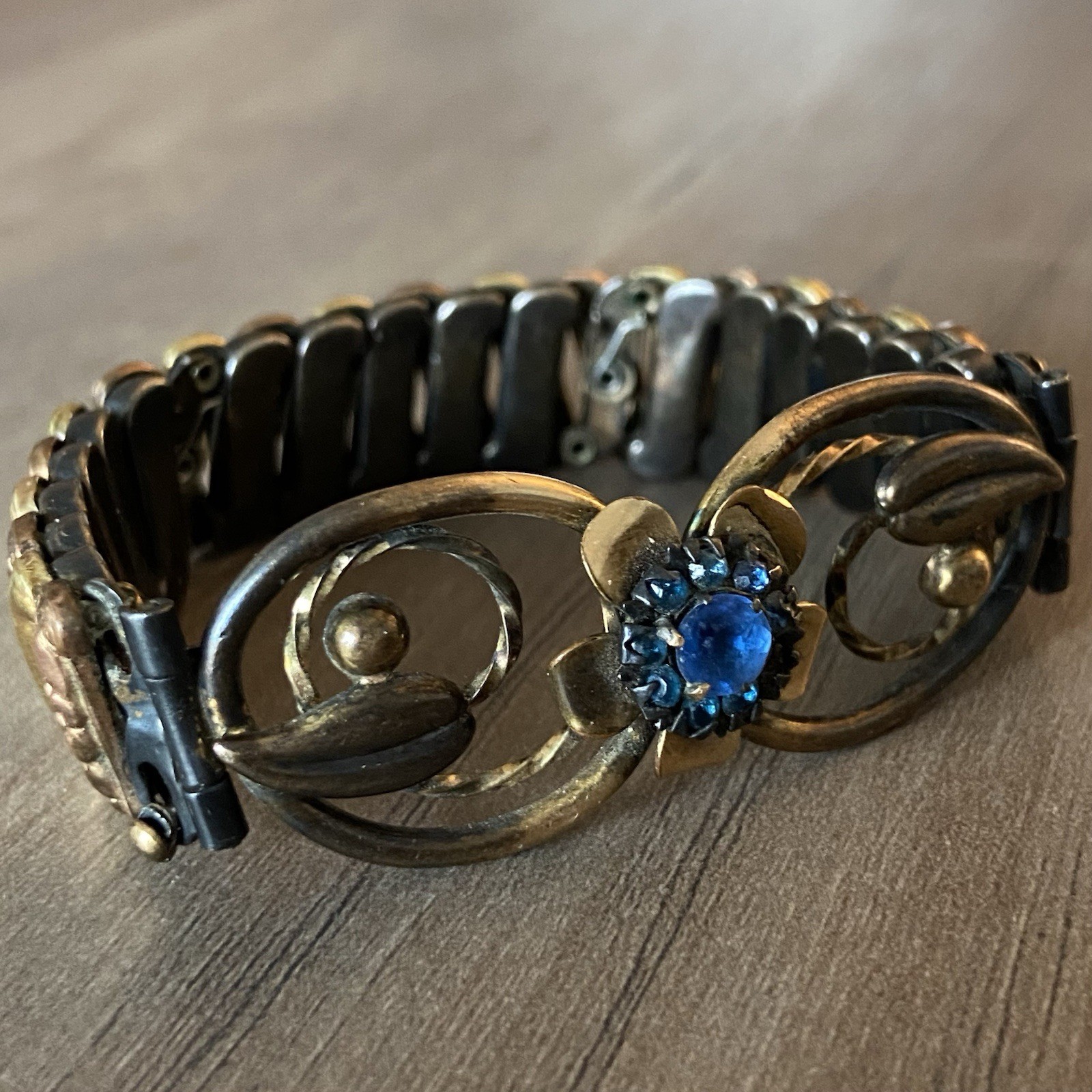 Vintage Lustern Bracelet 12K Gold Filled on Sterling w/Blue Gem Floral Accent