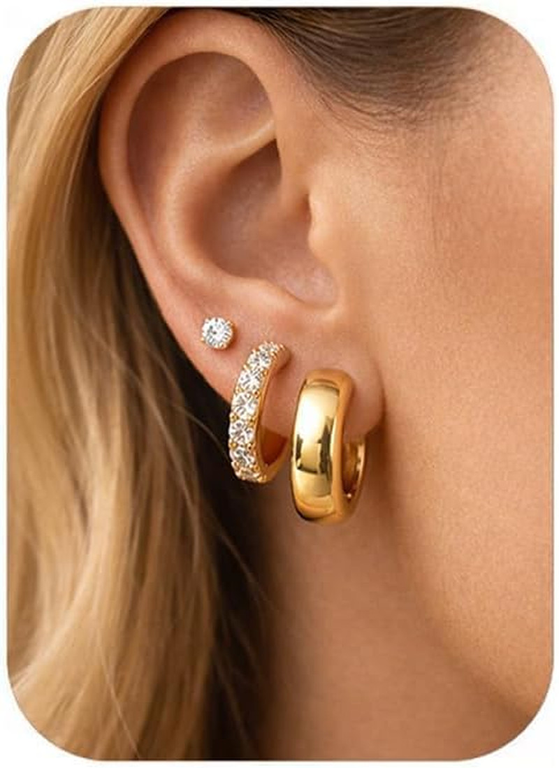 Gold Earring Stack for Women, 3 Pairs 14K Gold Plated Small Huggie Hoop & CZ Stu