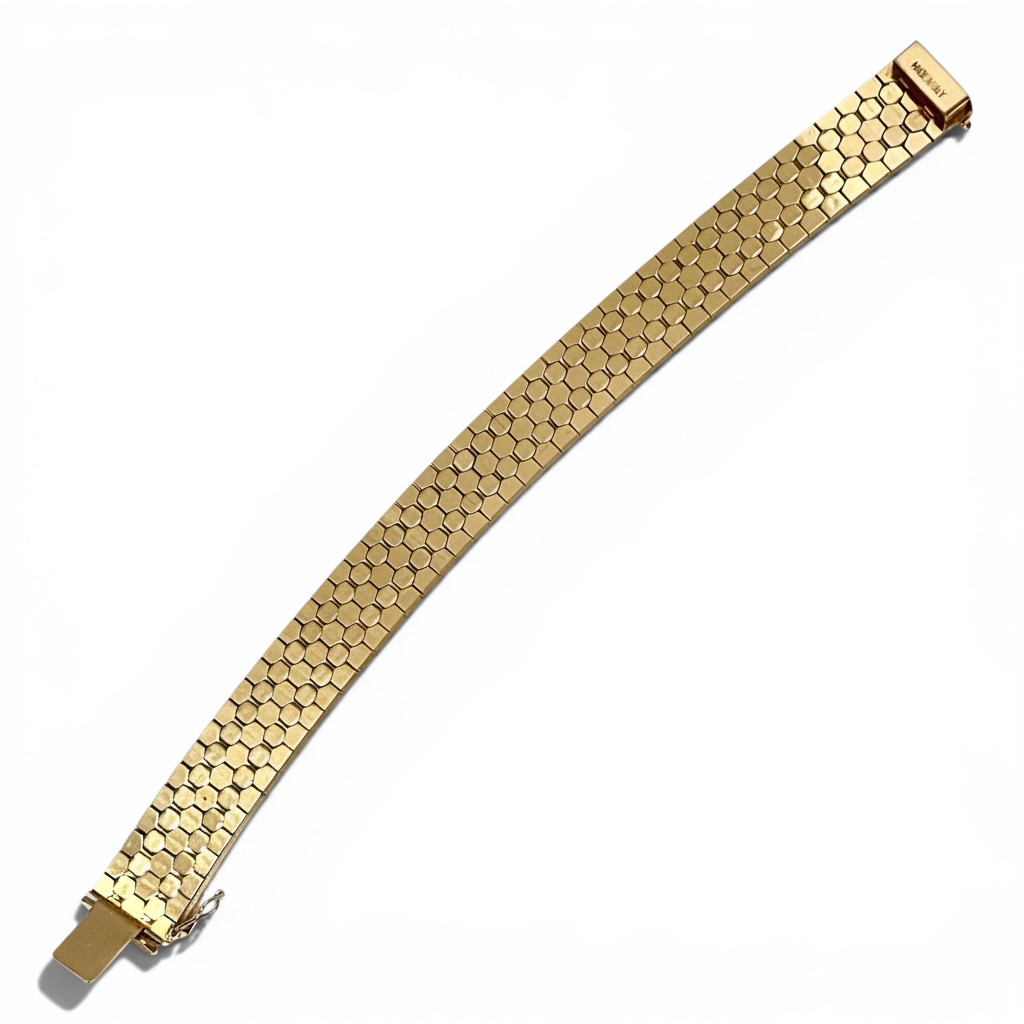 Vintage Italian Honeycomb Link Bracelet Heavy Gold Plated Wide Retro 7.25″ 35.4g