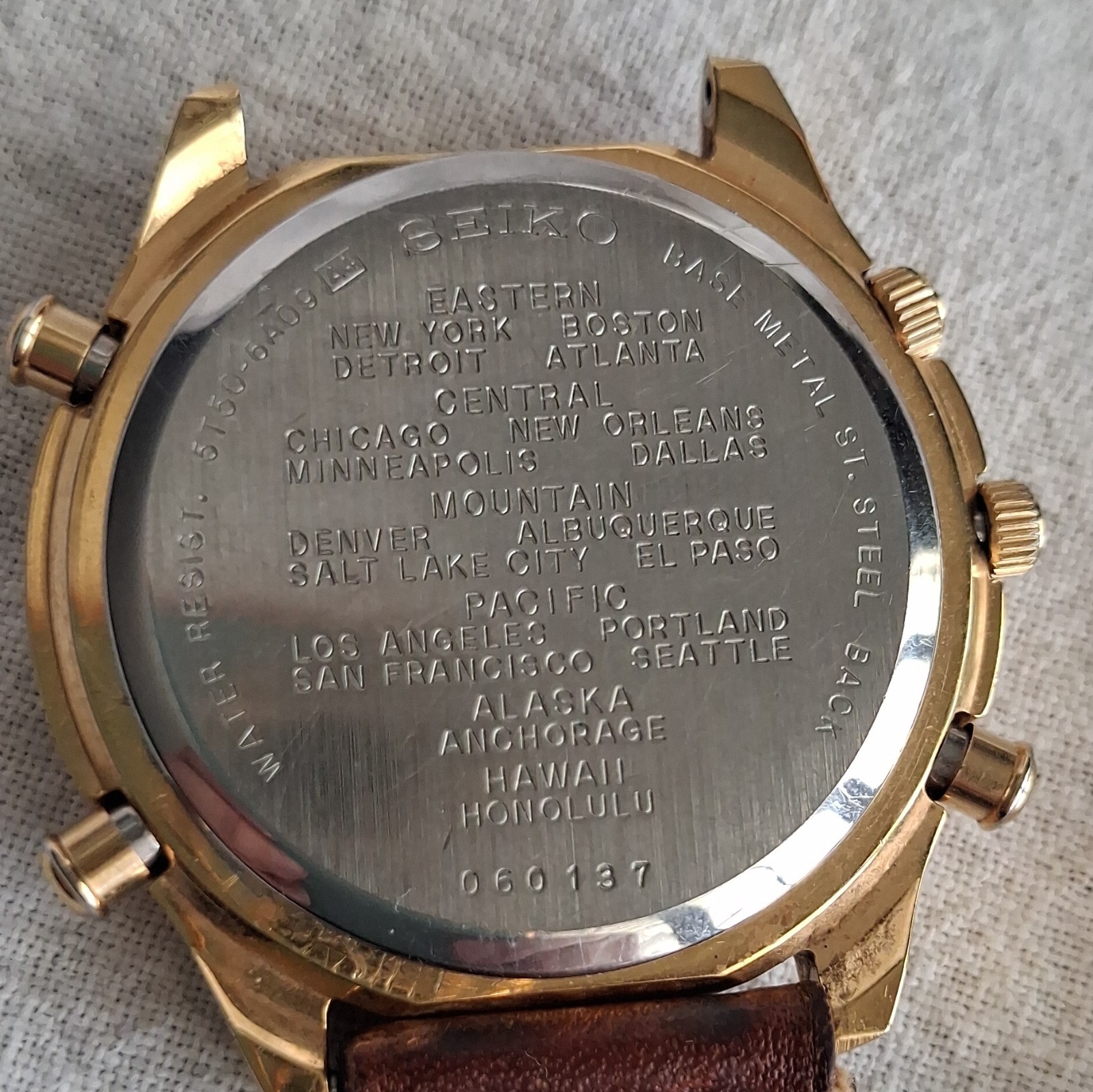 Seiko USA Time Zones Quartz World Time Alarm Date Gold-Tone Leather Band