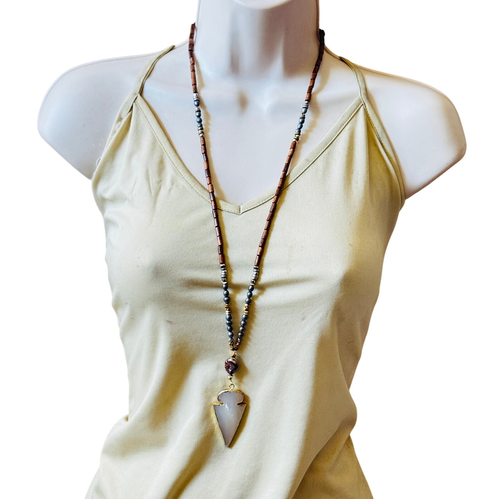 Nakamol Necklace Arrow Quartz beads Semi-precious stones long BOHO Designer 32″L